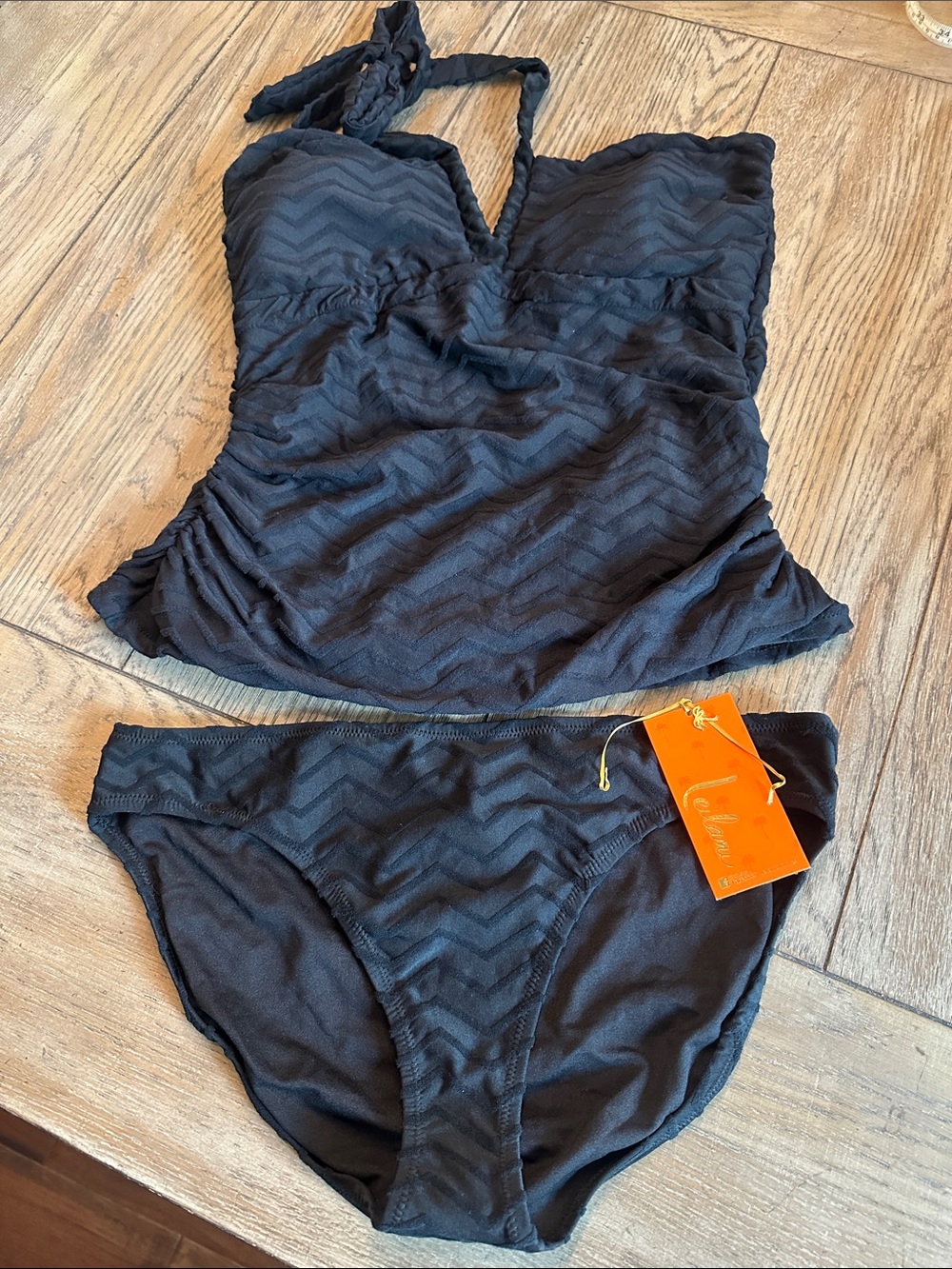 NWT Leilani Black Chevron Textured Halter Tankini Swimsuit Set Size 14